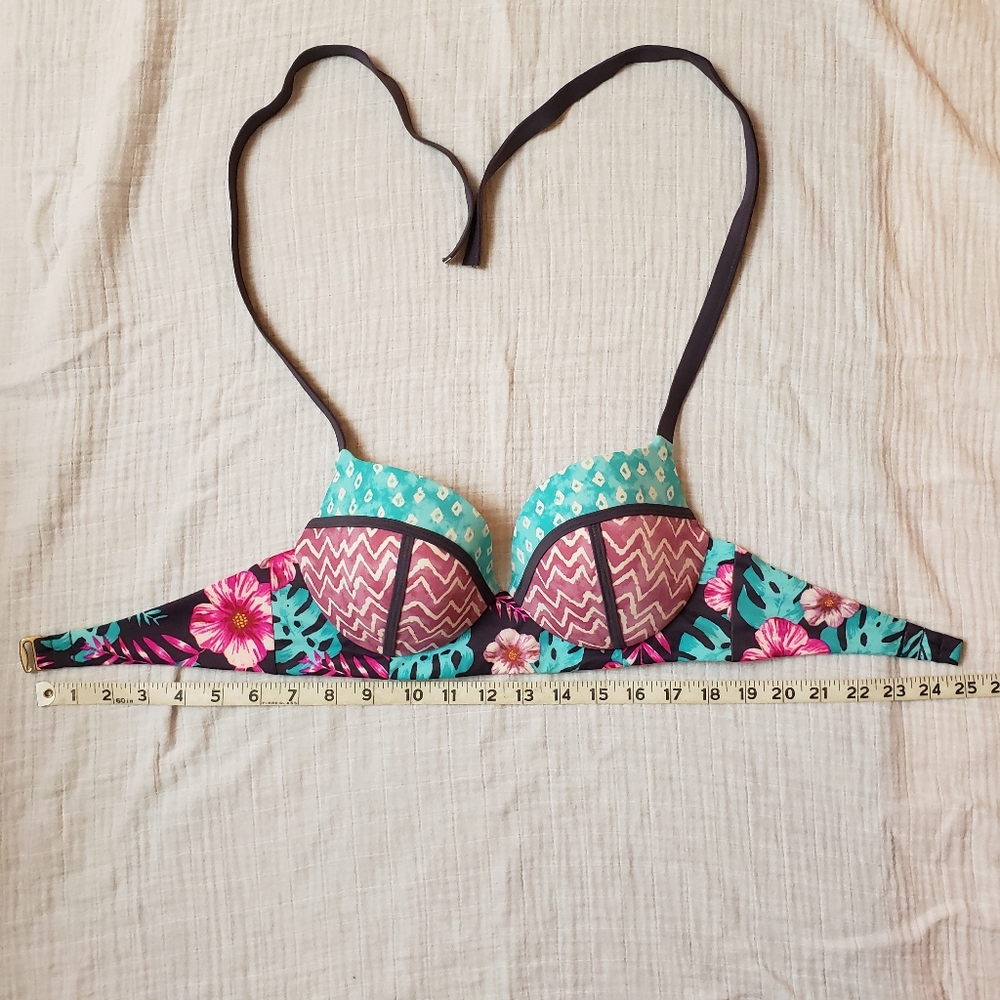 Shade and Shore batik and floral longline bikini with molded cups halter top 34B